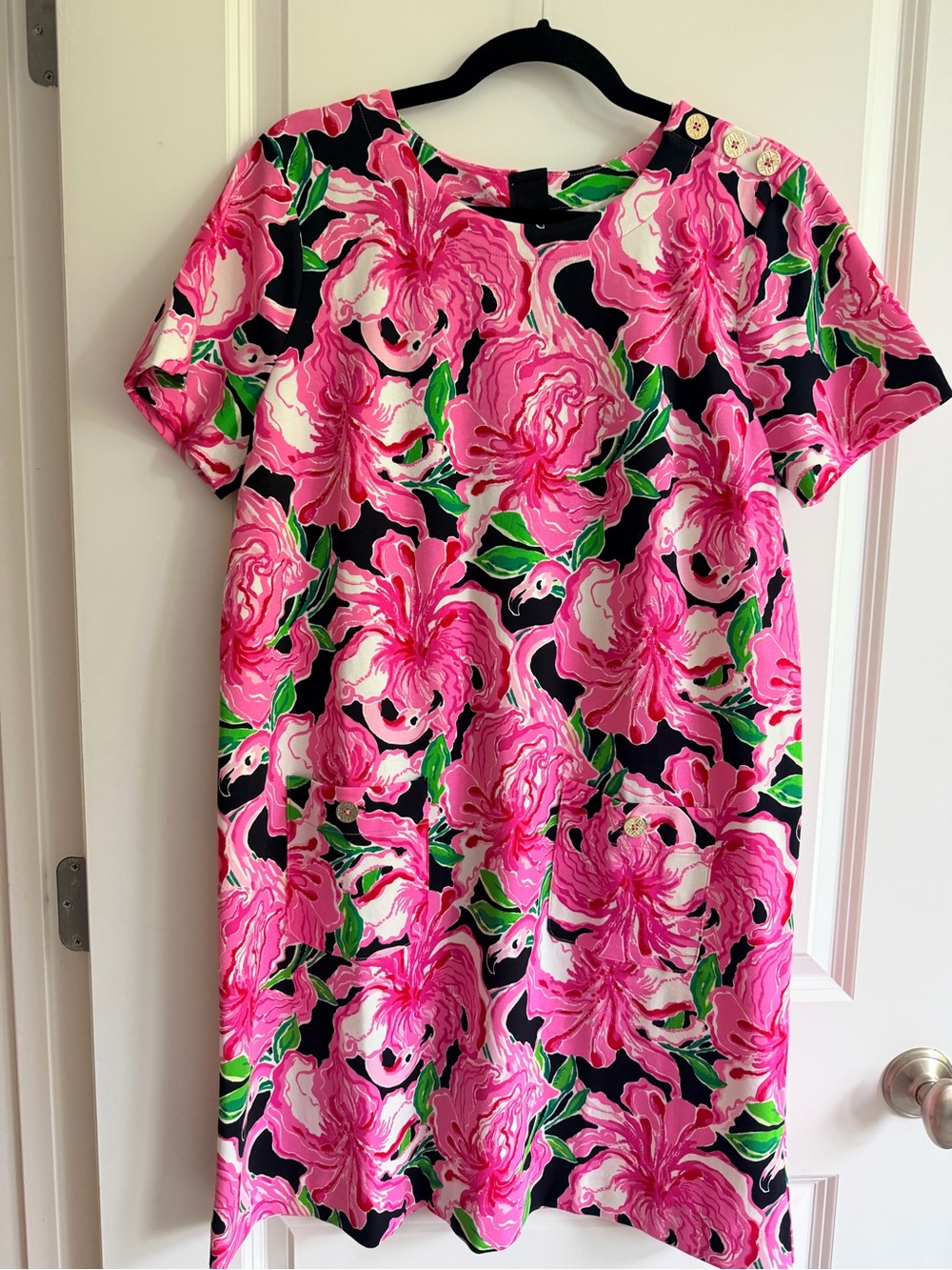 Lilly Pulitzer Mattison Shift Dress Pink Black Back Zip Gold Buttons Size Large